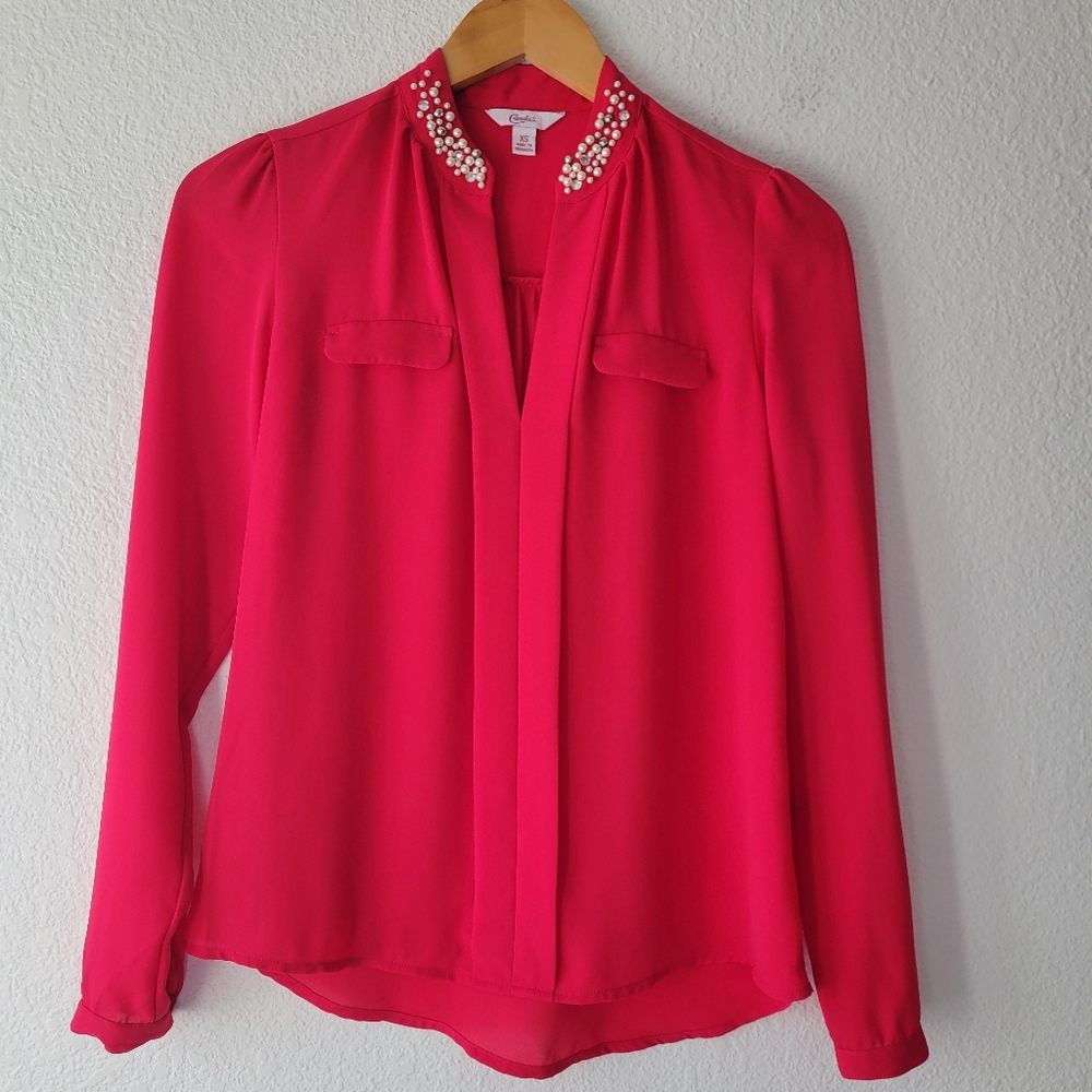 Candie's Hot Pink Long Sleeve Beaded Collar Blouse Sz XS | Going Out Top 2010's